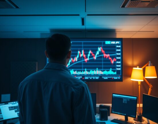 Financial analyst monitoring USD/JPY chart sideways below 162.00 level