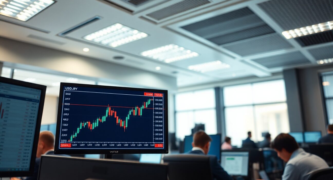 Forex trading desk monitors showing USD/JPY charts with sideways price movement