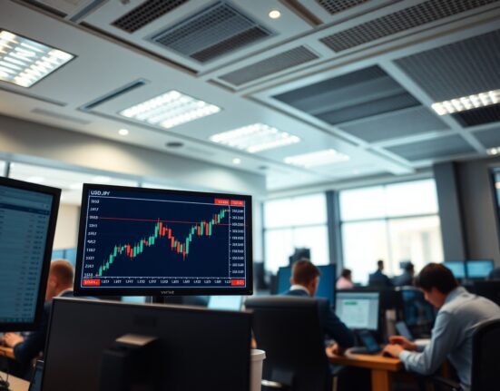 Forex trading desk monitors showing USD/JPY charts with sideways price movement