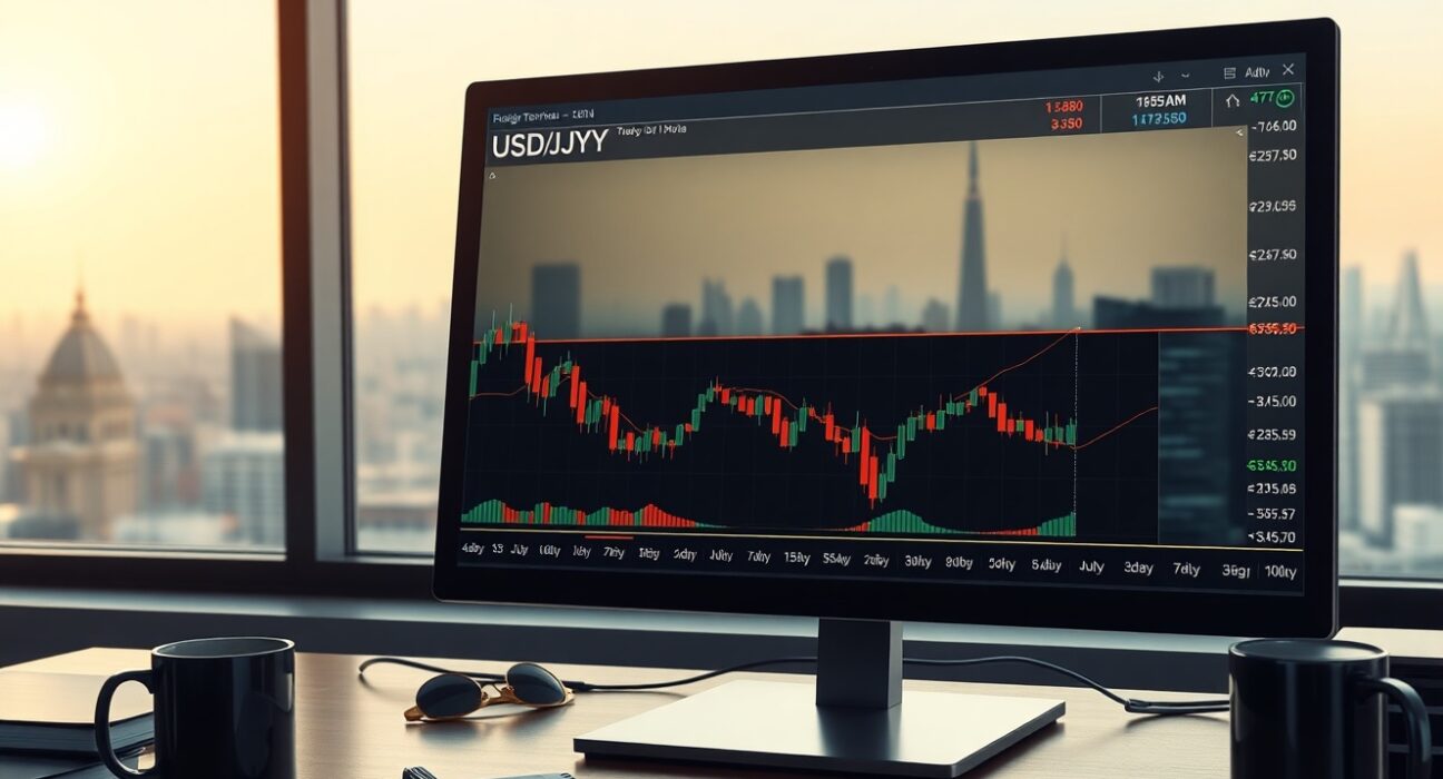 USD/JPY currency pair analysis on trading terminal showing technical patterns and market data