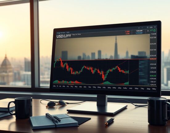 USD/JPY currency pair analysis on trading terminal showing technical patterns and market data
