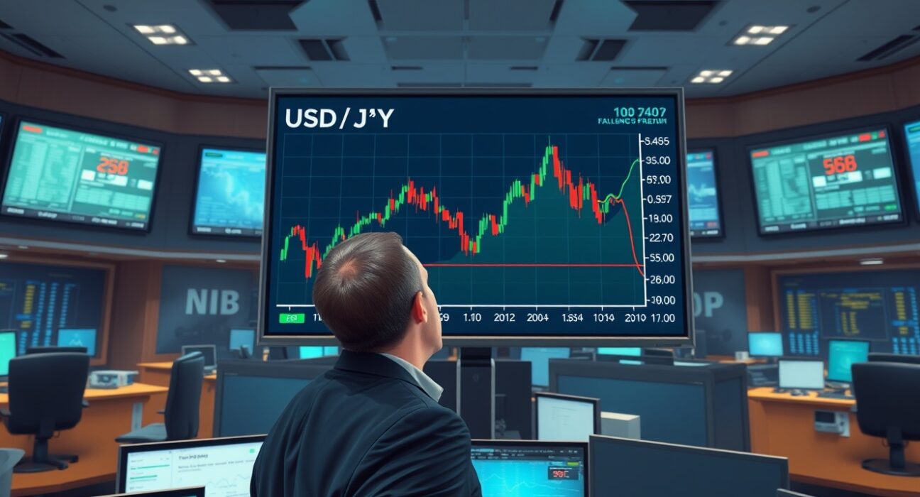 USD/JPY forex chart falling below 158.00 on a trading desk display, illustrating Japanese Yen strength.