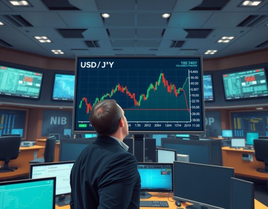 USD/JPY forex chart falling below 158.00 on a trading desk display, illustrating Japanese Yen strength.