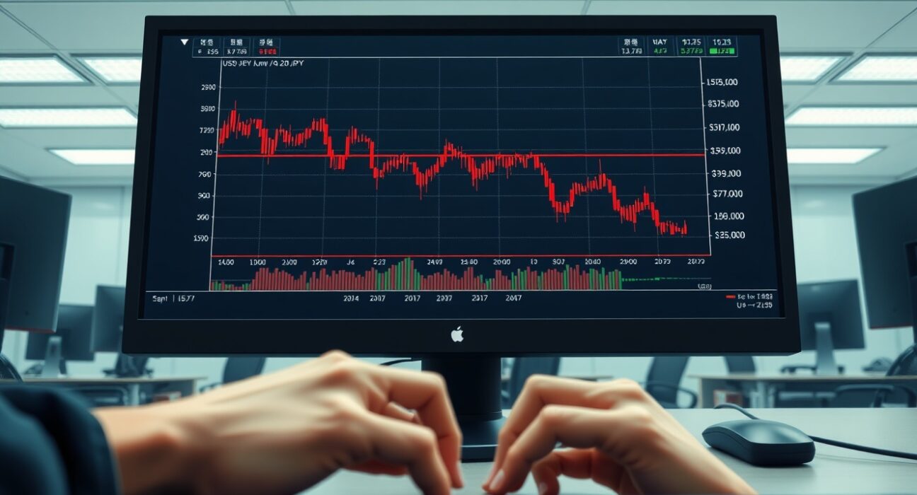 USD/JPY currency pair chart showing a dramatic decline below 159.00 on a Tokyo trading desk monitor.