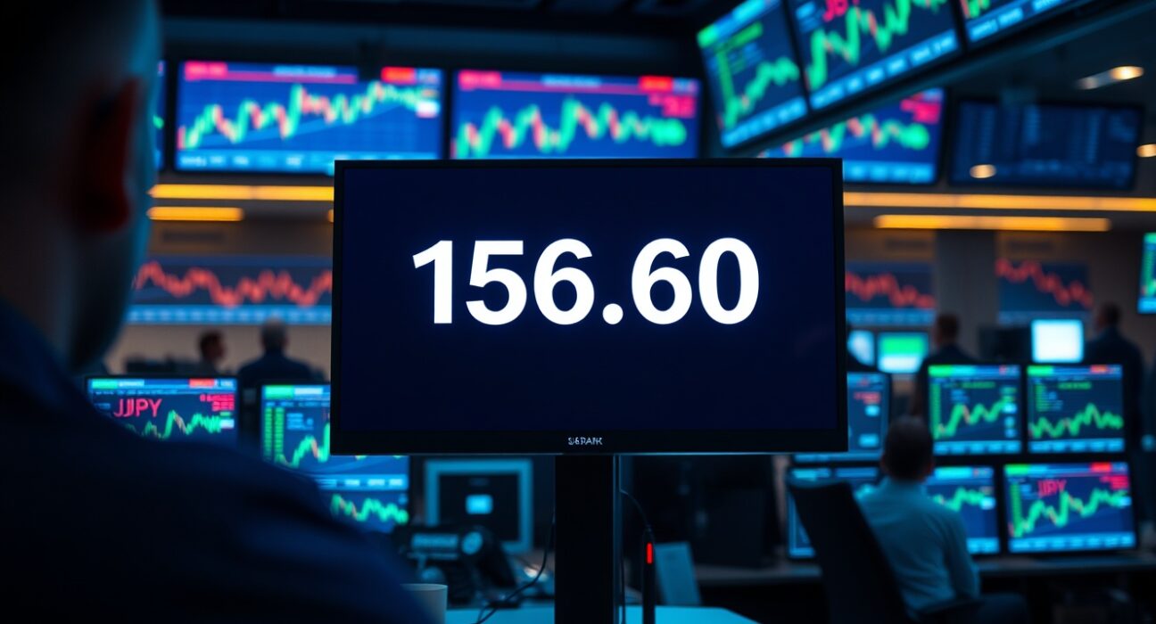 Trading screen showing USD/JPY exchange rate at 156.60 in a professional trading environment
