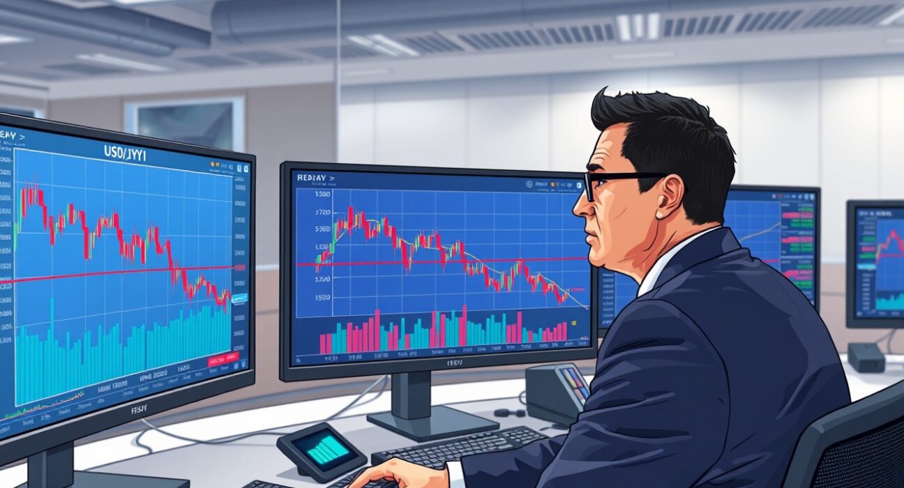 Trader analyzes USD/JPY forex chart showing a drop below the 159.00 level.