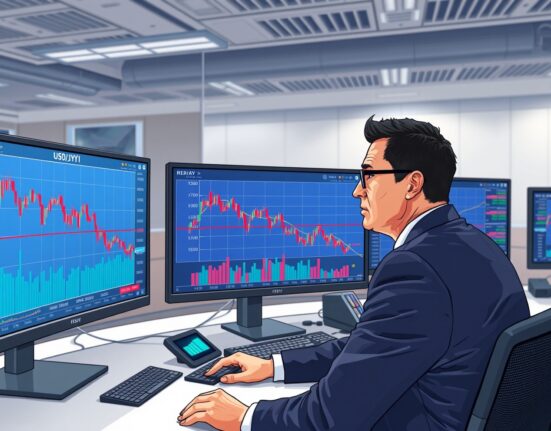 Trader analyzes USD/JPY forex chart showing a drop below the 159.00 level.
