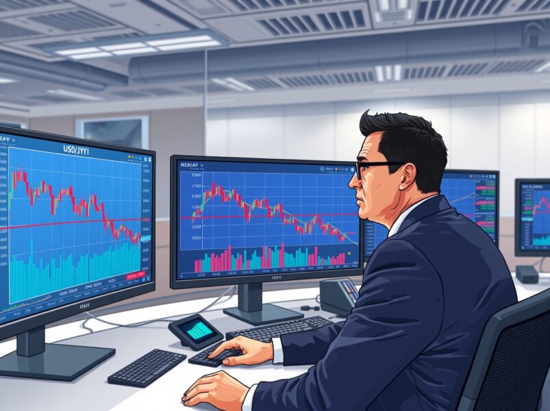 Trader analyzes USD/JPY forex chart showing a drop below the 159.00 level.