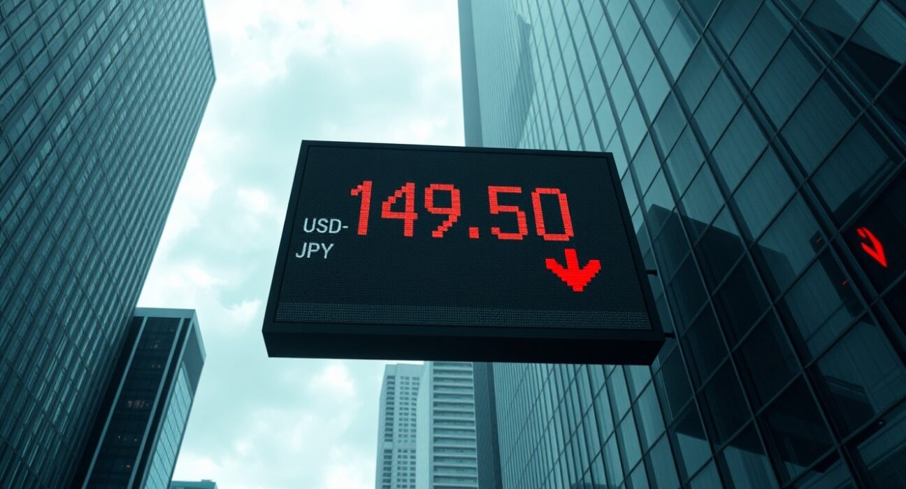 USD/JPY exchange rate board showing a decline amid US-Iran talks and Bank of Japan policy stance.