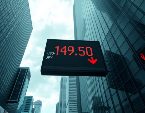 USD/JPY exchange rate board showing a decline amid US-Iran talks and Bank of Japan policy stance.