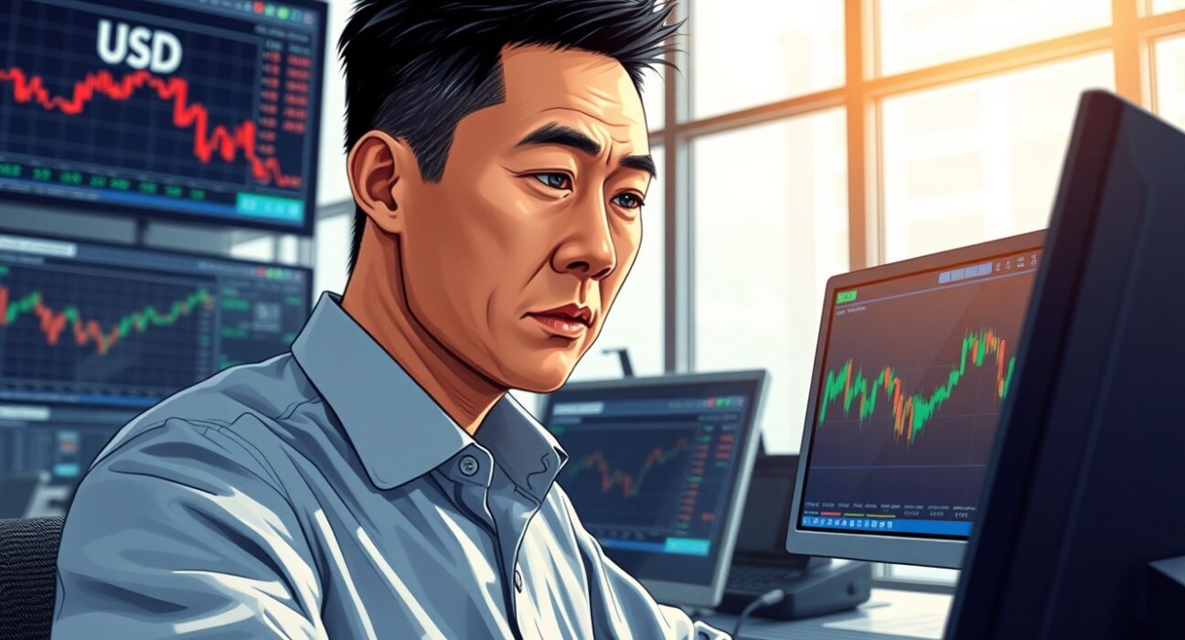 Forex trader in Tokyo analyzes USD/JPY charts amid Bank of Japan policy shift and intervention threats.