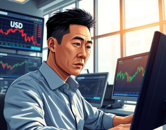 Forex trader in Tokyo analyzes USD/JPY charts amid Bank of Japan policy shift and intervention threats.