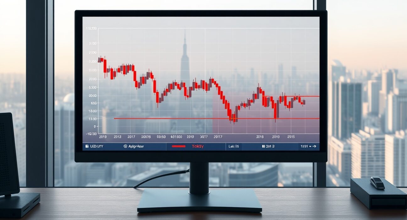 USD/JPY forex chart showing decline on a trading desk, analyzing currency market movement.