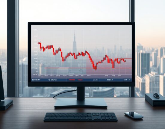 USD/JPY forex chart showing decline on a trading desk, analyzing currency market movement.