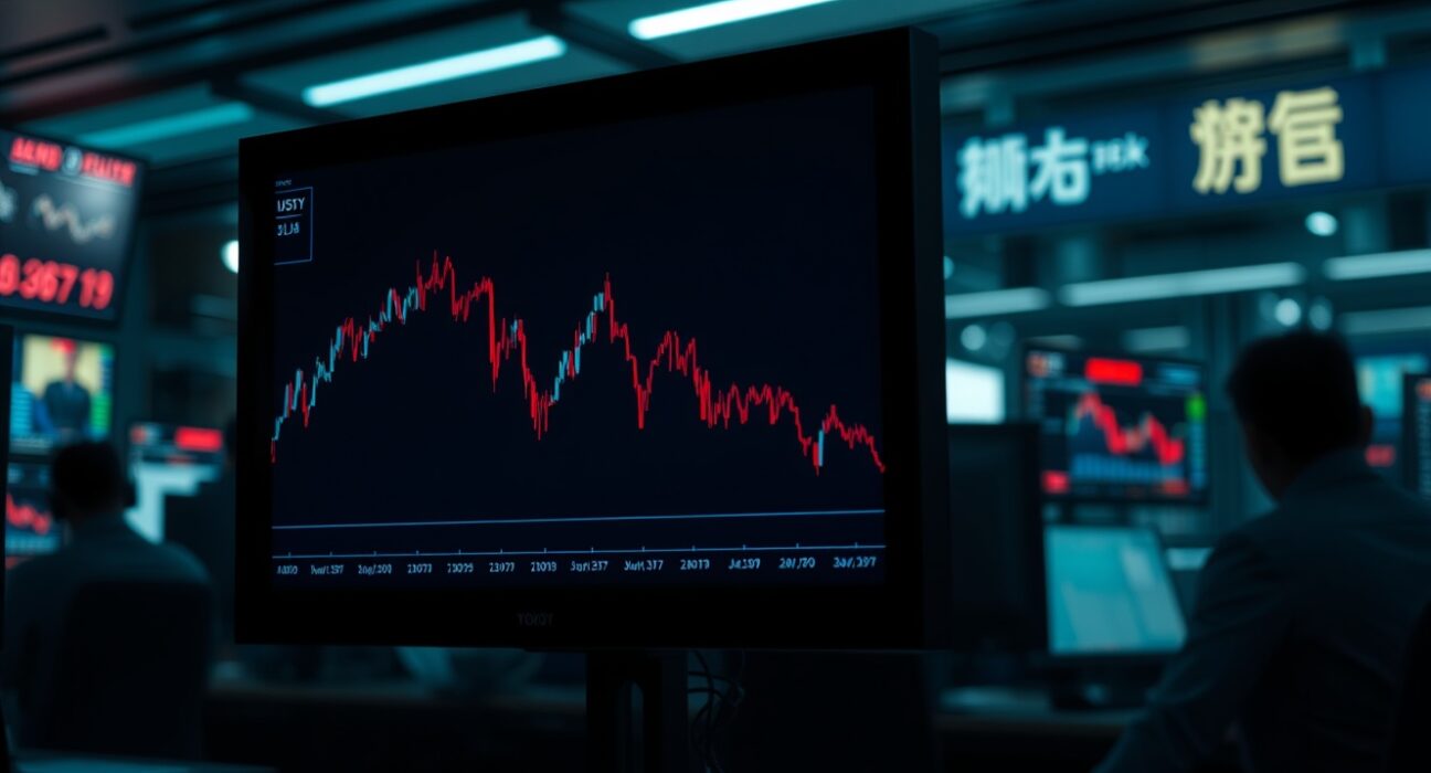 USD/JPY chart showing intervention-driven slump and subsequent stabilization on a trading monitor