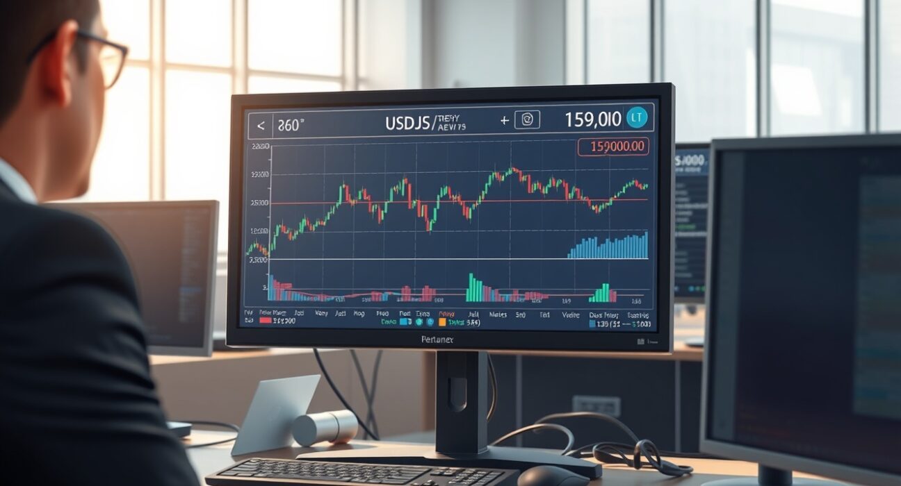 Financial analyst monitoring USD/JPY currency chart holding steady above 159.00 after US-Iran ceasefire news.