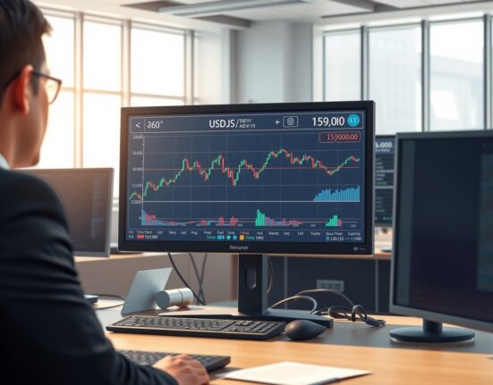 Financial analyst monitoring USD/JPY currency chart holding steady above 159.00 after US-Iran ceasefire news.