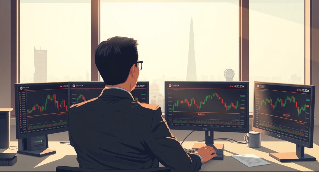 Financial analyst monitoring USD/JPY currency charts ahead of Japan CPI and US PMI data releases
