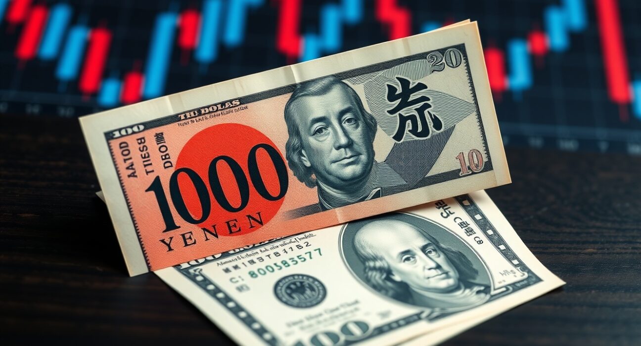 USD/JPY steadies as Japan intervention checks Yen slide; visual of Yen and Dollar bills on desk with chart background