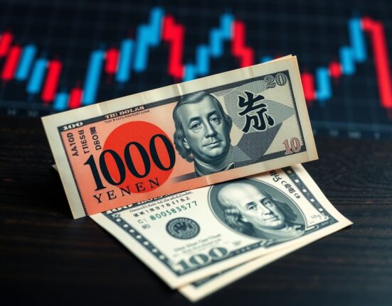 USD/JPY steadies as Japan intervention checks Yen slide; visual of Yen and Dollar bills on desk with chart background