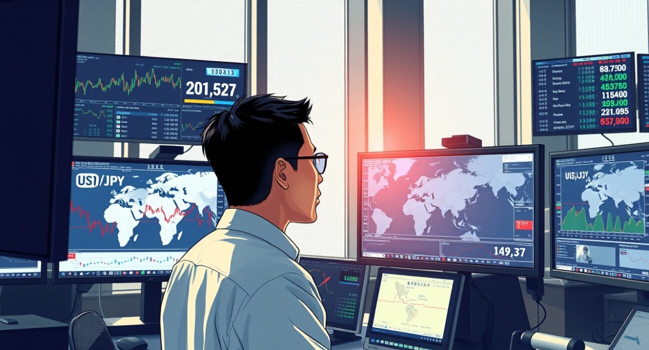 Financial analyst monitoring USD/JPY exchange rate amid Middle East geopolitical tensions on trading desk