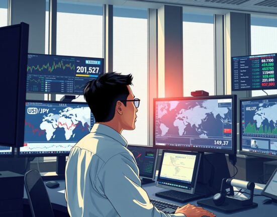 Financial analyst monitoring USD/JPY exchange rate amid Middle East geopolitical tensions on trading desk