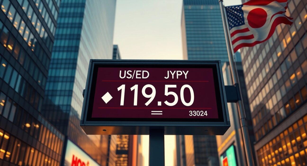 USD/JPY exchange rate board in Tokyo showing steady price after hawkish Bank of Japan shift amid Middle East tensions