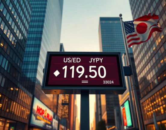 USD/JPY exchange rate board in Tokyo showing steady price after hawkish Bank of Japan shift amid Middle East tensions