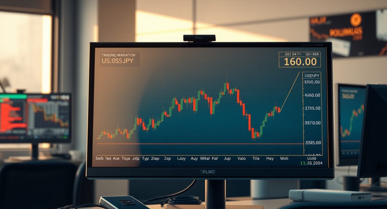 USD/JPY forex chart analysis showing price action near the key 160.00 level on a trading desk monitor.