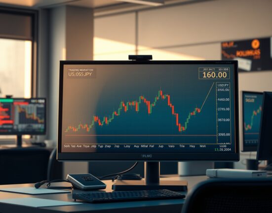 USD/JPY forex chart analysis showing price action near the key 160.00 level on a trading desk monitor.