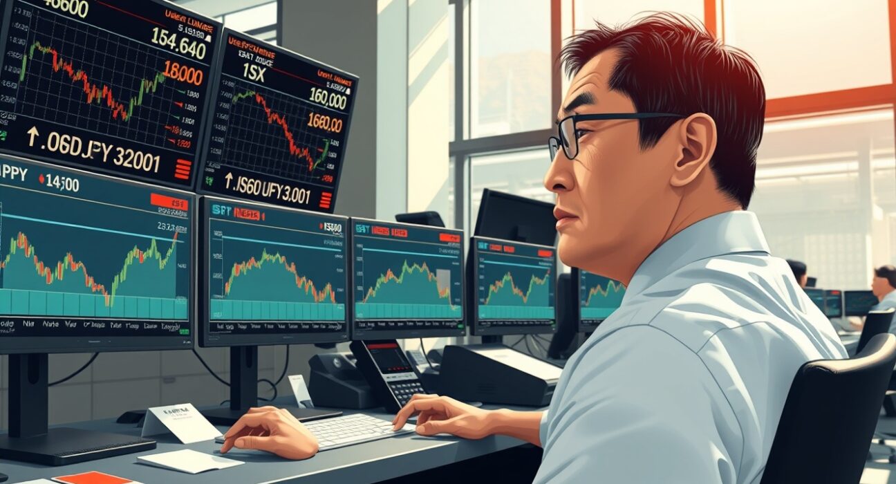 Forex trader monitoring USD/JPY exchange rate data below 160.00 amid Japan intervention concerns