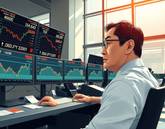 Forex trader monitoring USD/JPY exchange rate data below 160.00 amid Japan intervention concerns