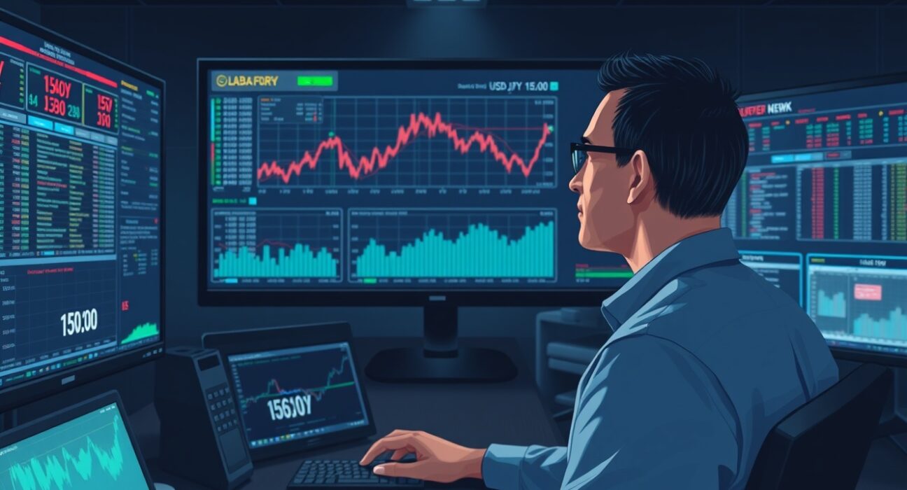 Trader analyzes USD/JPY surge above 159.00 amid Strait of Hormuz geopolitical tensions affecting forex markets.