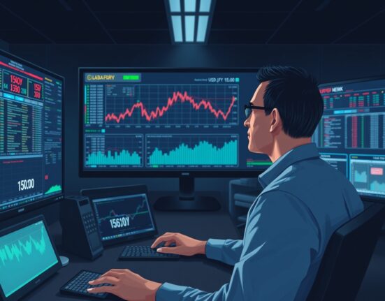 Trader analyzes USD/JPY surge above 159.00 amid Strait of Hormuz geopolitical tensions affecting forex markets.