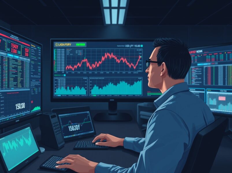 Trader analyzes USD/JPY surge above 159.00 amid Strait of Hormuz geopolitical tensions affecting forex markets.