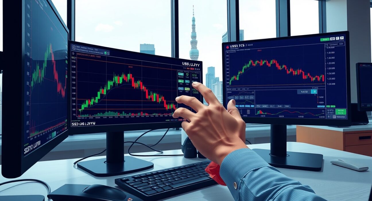 Trader monitoring USD/JPY exchange rate charts during critical support test in Tokyo financial district