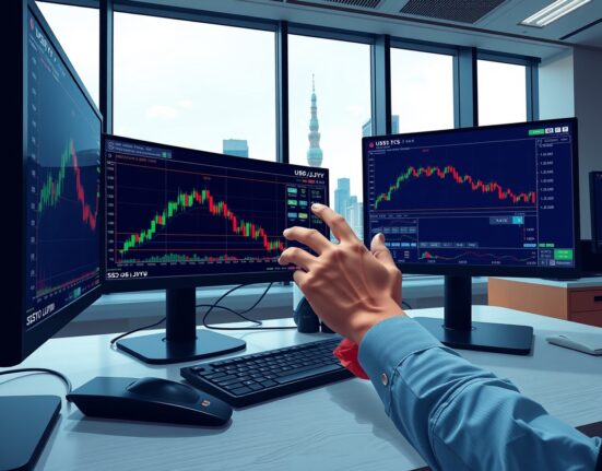 Trader monitoring USD/JPY exchange rate charts during critical support test in Tokyo financial district