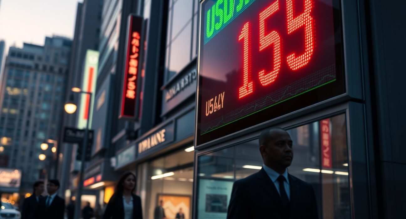 USD/JPY surges on Fed's hawkish hold, showing a digital exchange rate board in Tokyo's financial district.