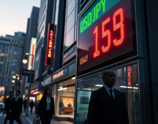 USD/JPY surges on Fed's hawkish hold, showing a digital exchange rate board in Tokyo's financial district.