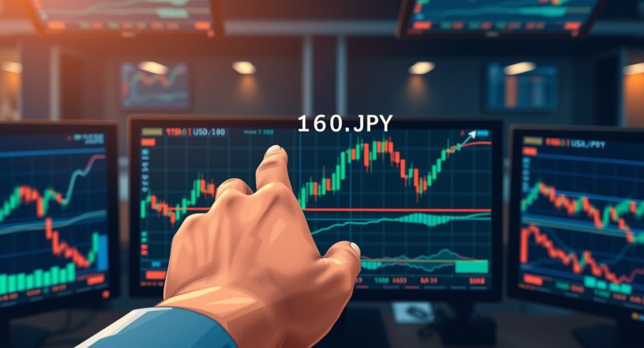 Forex trader pointing at USD/JPY chart approaching 162.00 resistance level on trading monitors