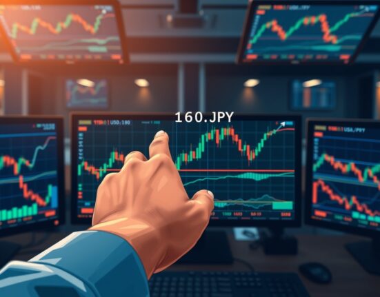 Forex trader pointing at USD/JPY chart approaching 162.00 resistance level on trading monitors