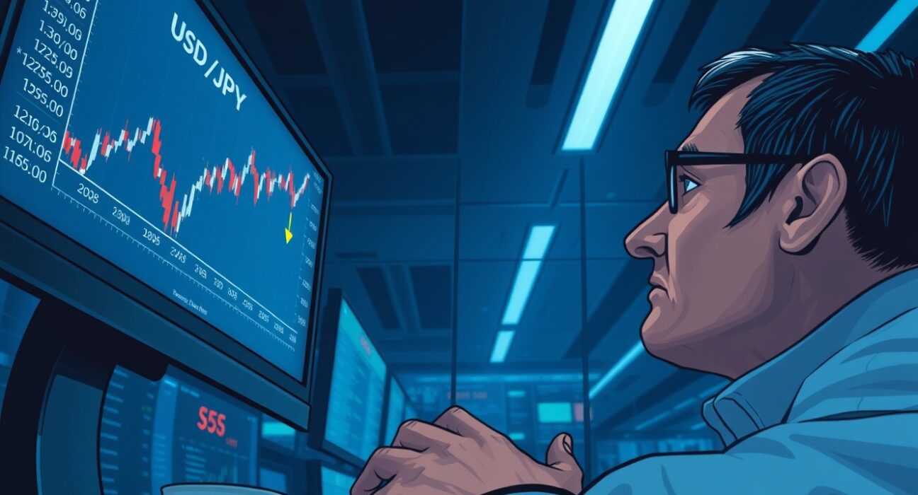 USD/JPY tight range chart on a trading screen with a trader analyzing the Bank of Japan's underpriced risk.