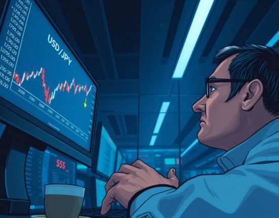 USD/JPY tight range chart on a trading screen with a trader analyzing the Bank of Japan's underpriced risk.