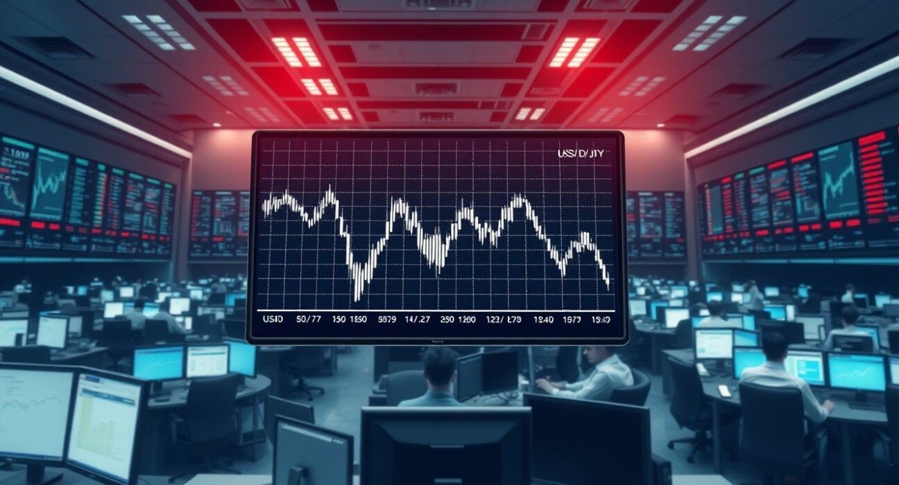 USD/JPY forex chart showing a sharp decline amid market volatility.