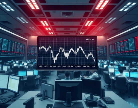 USD/JPY forex chart showing a sharp decline amid market volatility.