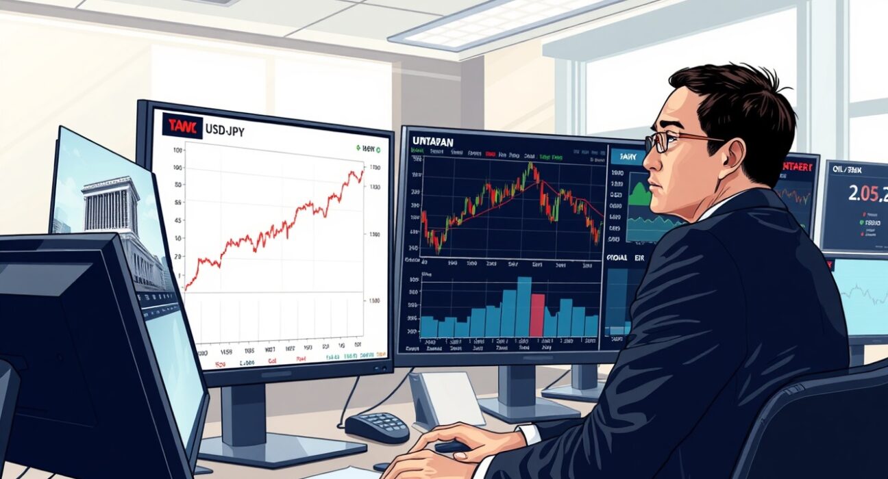 Financial analyst monitoring USD/JPY currency pair alongside Bank of Japan and oil market data screens