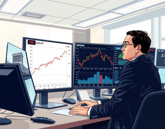 Financial analyst monitoring USD/JPY currency pair alongside Bank of Japan and oil market data screens