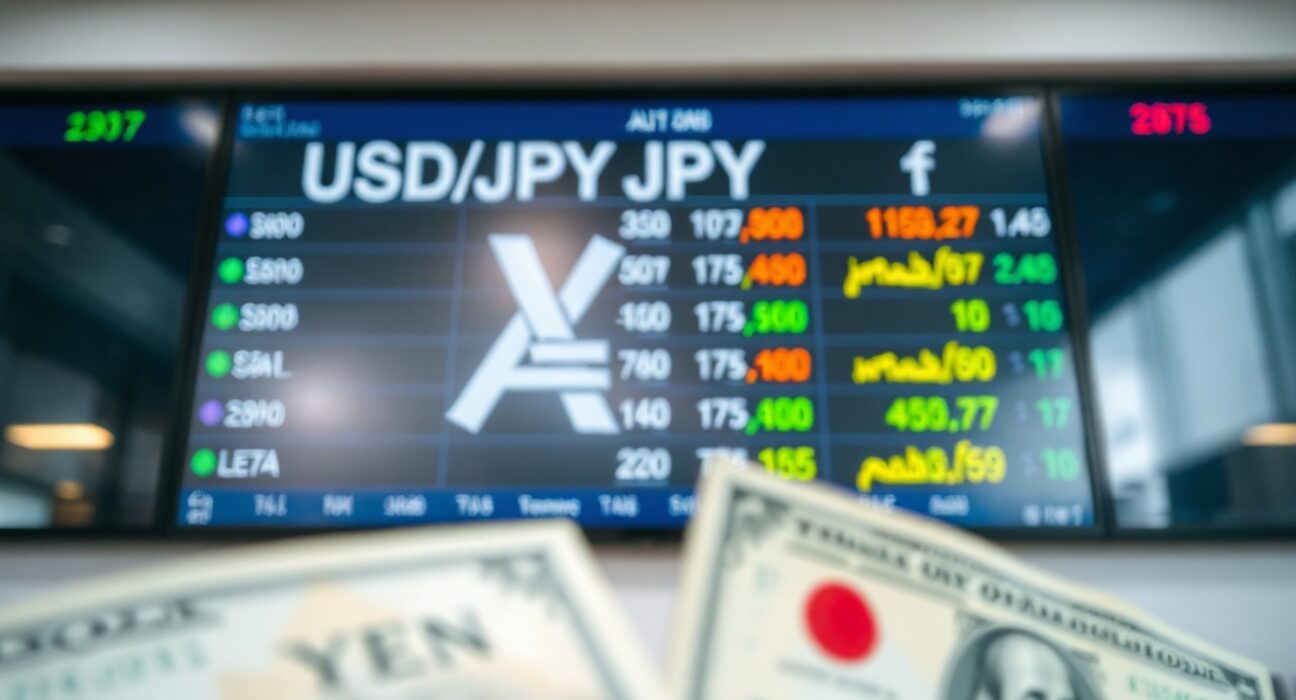 USD/JPY exchange rate chart on a trading screen with Japanese Yen and US Dollar banknotes in foreground