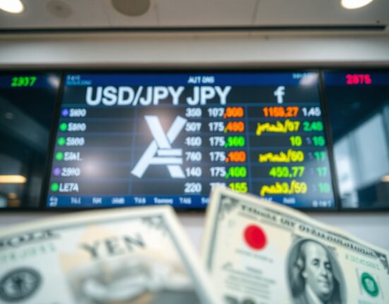 USD/JPY exchange rate chart on a trading screen with Japanese Yen and US Dollar banknotes in foreground