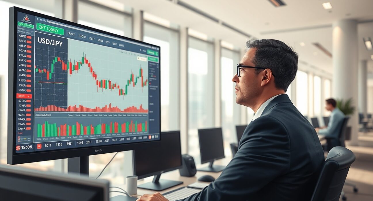 Financial analyst examining USD/JPY currency charts with Bank of Japan policy implications
